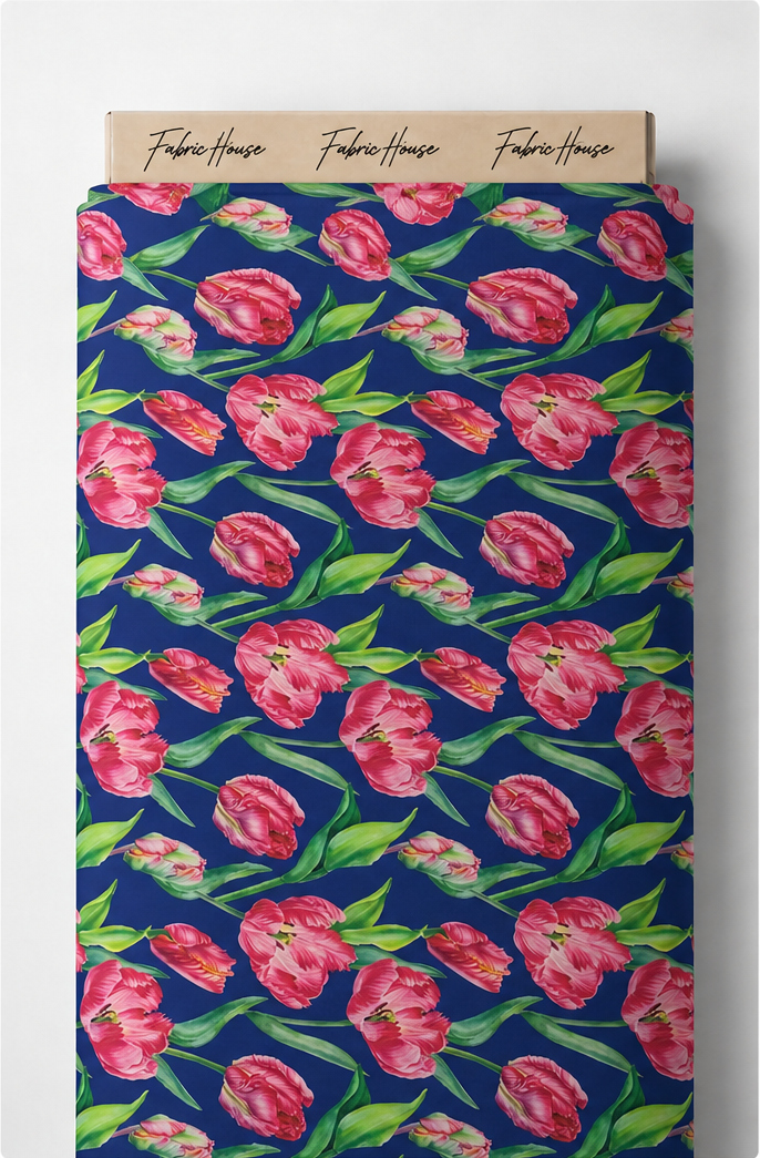 Navy Pink Rose Clusters silk full roll