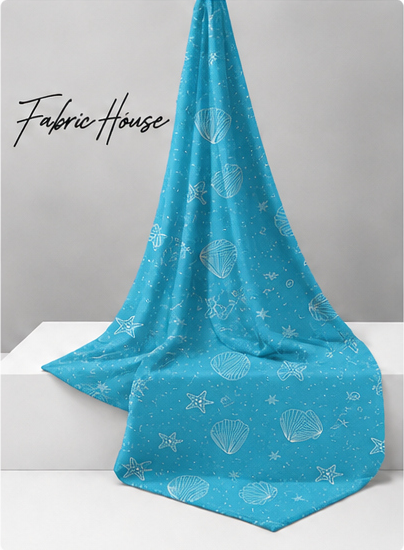 Azure Blue Delicate Motifs silk draped to show drape and sheen