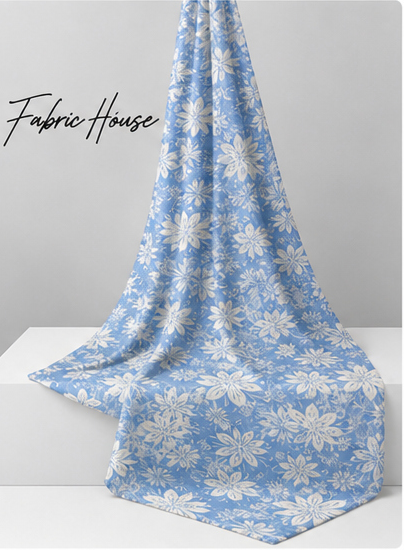 Powder Blue Floral Lace silk draped to show drape and sheen