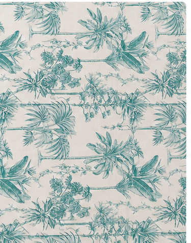 Teal Botanical Toile silk, print close up