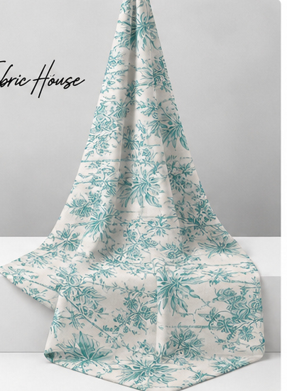 Teal Botanical Toile silk draped to show drape and sheen