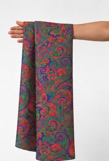 Burgundy Teal Paisley silk held in hand for scale