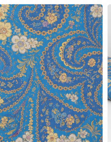 Blue Ornamental Paisley silk, print close up