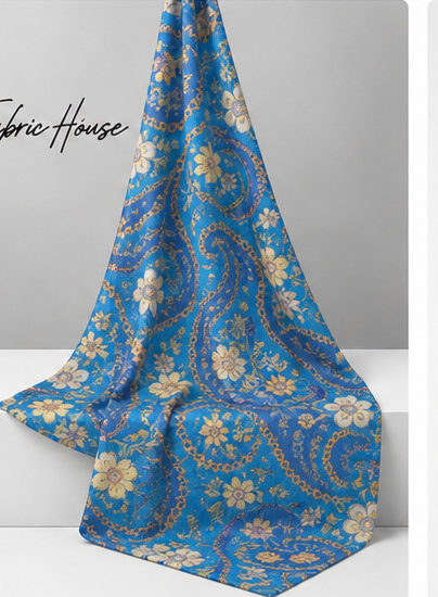 Blue Ornamental Paisley silk draped to show drape and sheen