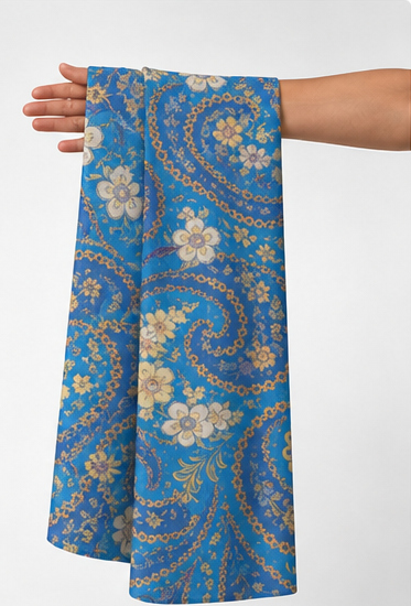 Blue Ornamental Paisley silk held in hand for scale