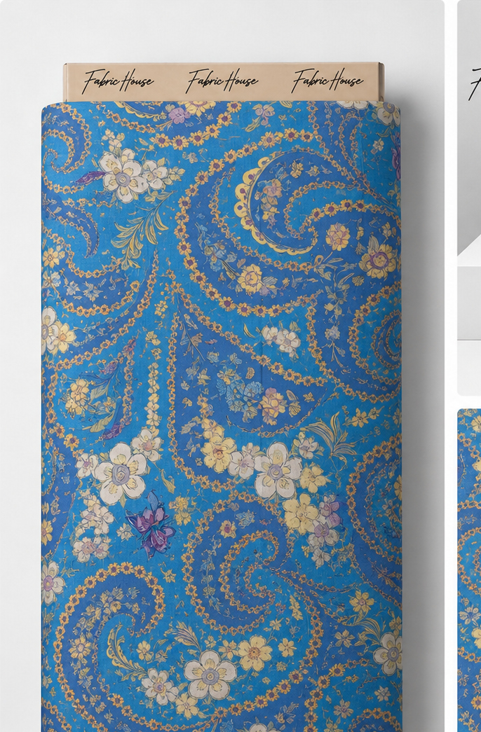 Blue Ornamental Paisley silk full roll