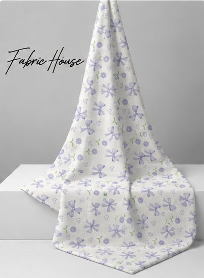 White Blue Tiny Sprigs silk draped to show drape and sheen