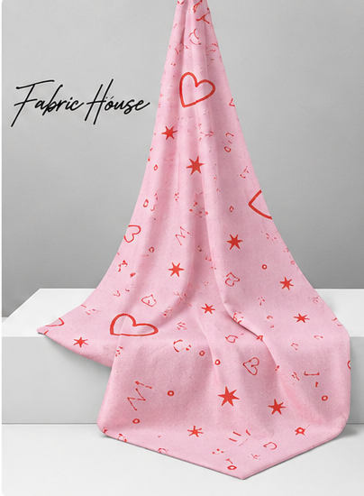 Pink Hearts and Doodles silk draped to show drape and sheen