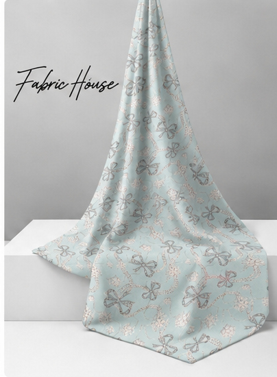 Misty Blue Floral Sketch silk draped to show drape and sheen
