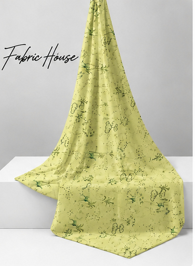 Lime Green Botanical Print silk draped to show drape and sheen