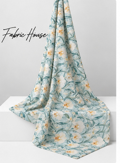 Blue Ochre Botanical silk draped to show drape and sheen
