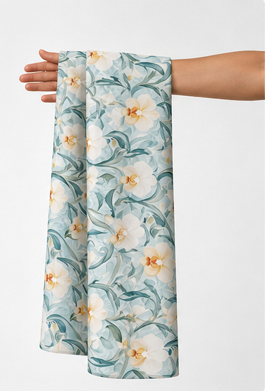 Blue Ochre Botanical silk held in hand for scale