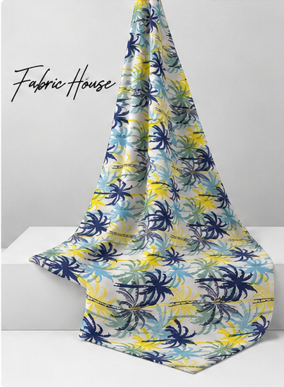 Yellow Blue Tropical Flowers silk draped to show drape and sheen