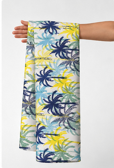 Yellow Blue Tropical Flowers silk held in hand for scale