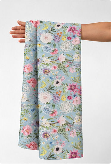 Mint Rose Garden silk held in hand for scale