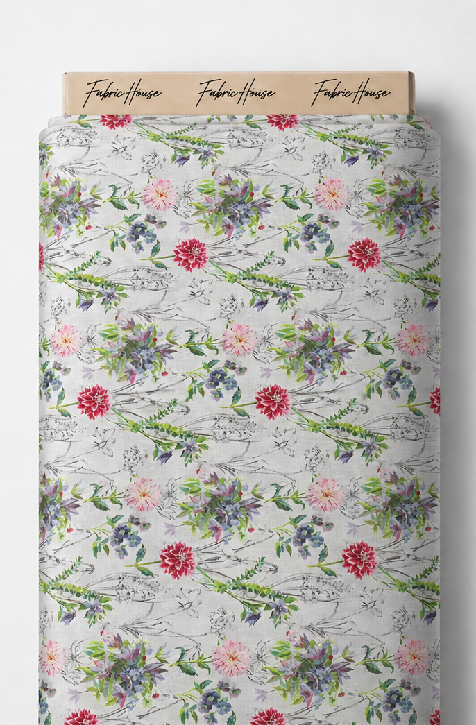 White Pink Floral Branches silk full roll