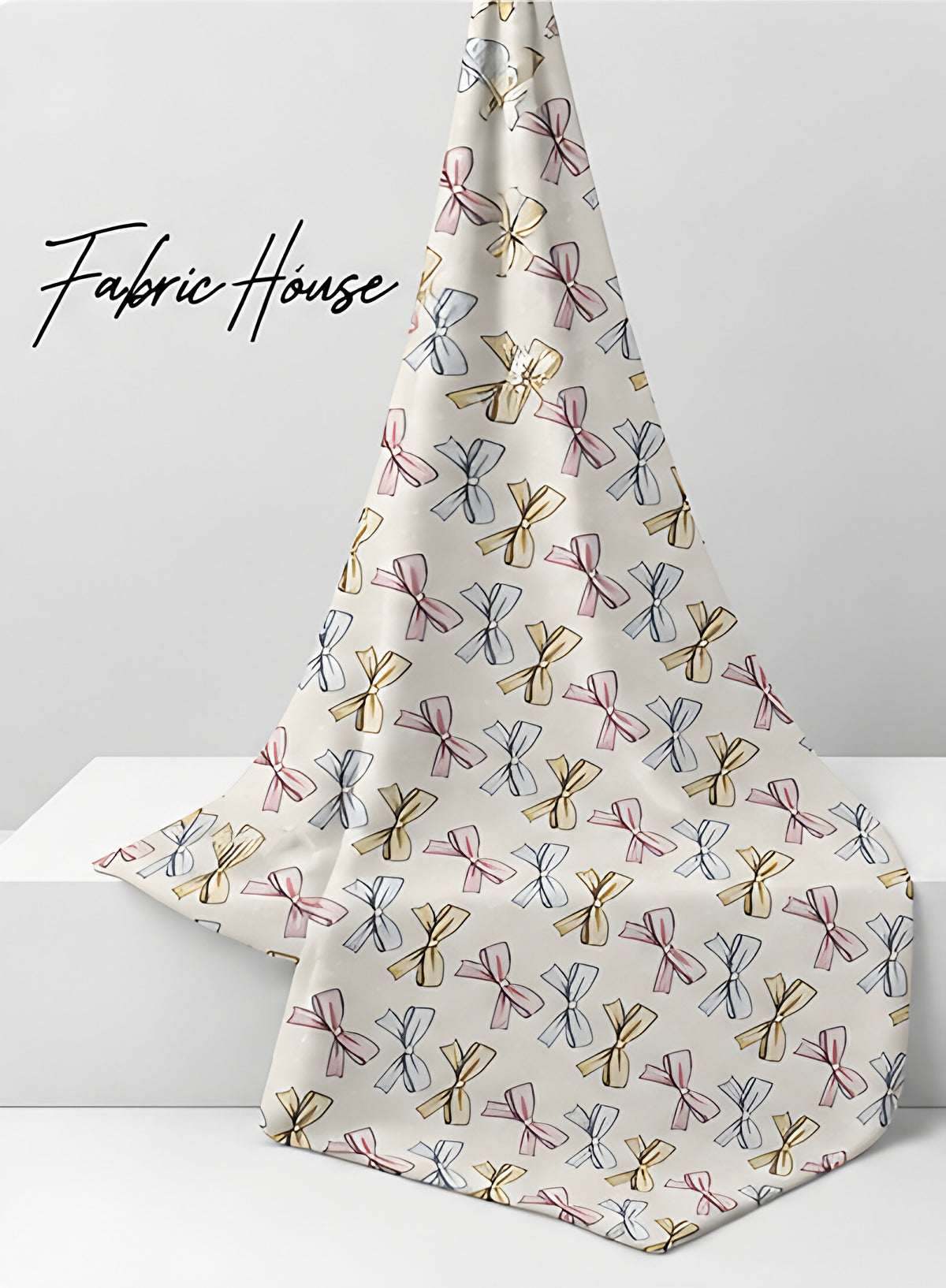 Cream Blue Repeating Motifs silk draped to show drape and sheen