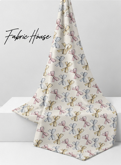 Cream Blue Repeating Motifs silk draped to show drape and sheen
