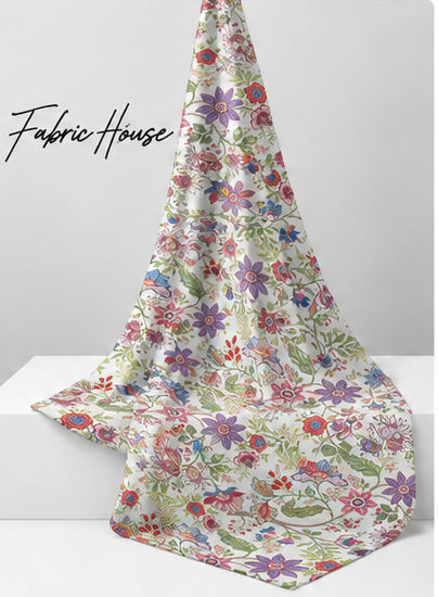 Multicolor Petite Florals silk draped to show drape and sheen