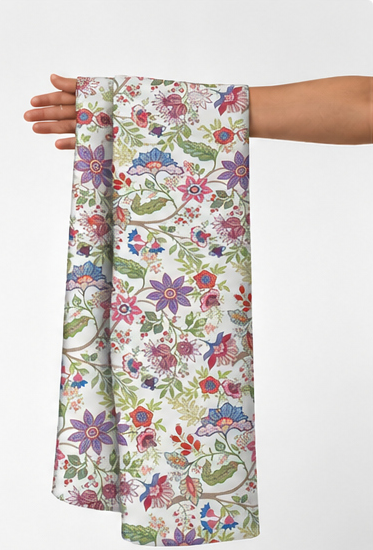 Multicolor Petite Florals silk held in hand for scale