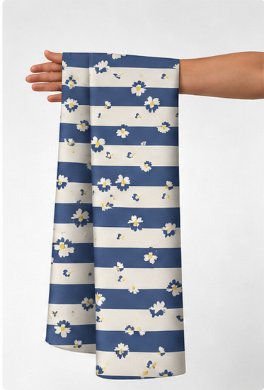 Navy White Horizontal Stripes silk held in hand for scale