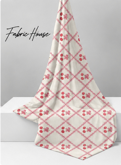 Rose Red Diamond Trellis silk draped to show drape and sheen