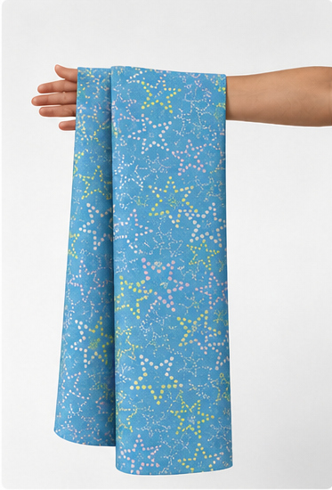 Sky Blue Fine Floral silk held in hand for scale
