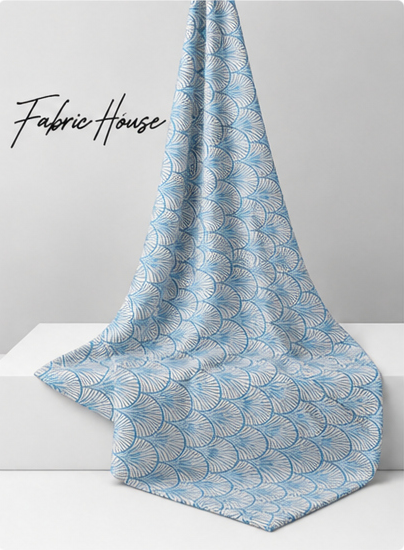 Blue White Ornamental Pattern silk draped to show drape and sheen