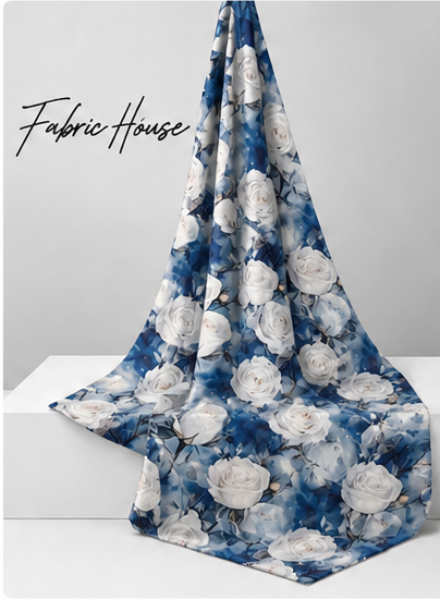 Navy White Bloom Clusters silk draped to show drape and sheen