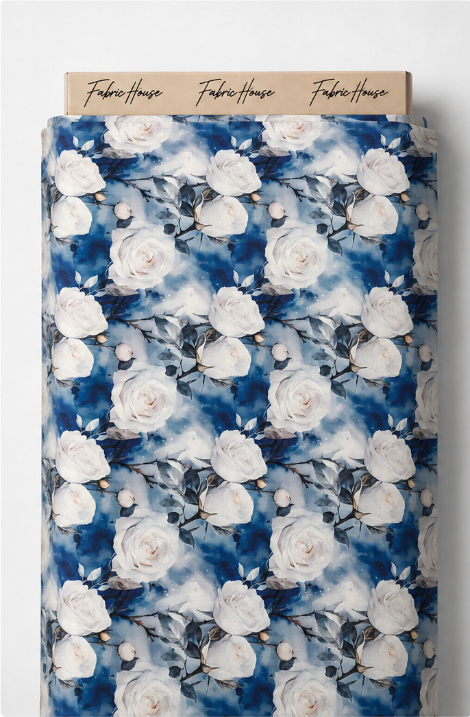 Navy White Bloom Clusters silk full roll