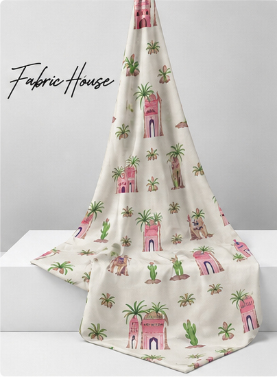 Pink Playful Illustrated Motifs silk draped to show drape and sheen